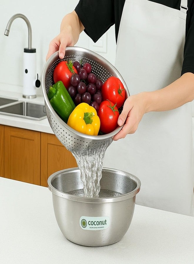 كوكونات مصفاة جوز الهند المصنوعة من الفولاذ المقاوم للصدأ للمطبخ - غسالة أرز كبيرة، وعاء لغسل الفواكه والخضراوات بمقابض - سلة غربلة متعددة الأغراض شديدة التحمل ومقاومة للصدأ - عبوة من قطعة واحدة | 25 سم - Image 5